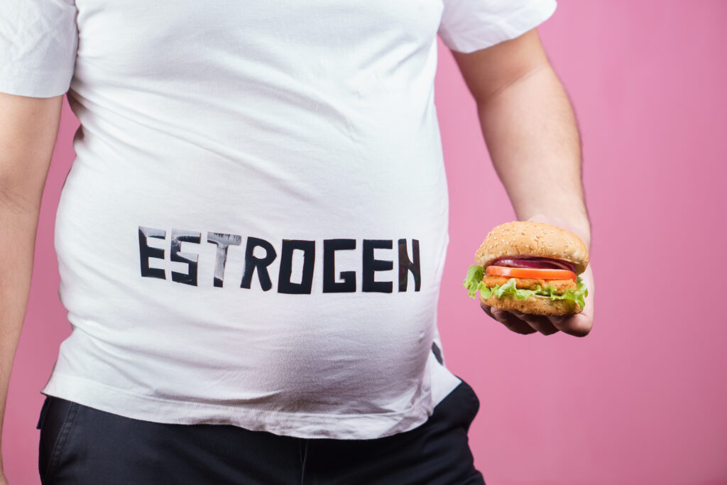 Fat caused by obesity may trigger higher estrogen levels and the subsequent development of gynecomastia Fat caused by obesity may trigger higher estrogen levels and the subsequent development of gynecomastia